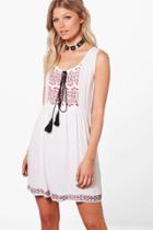 Boohoo Petite Holly Embroidered Detail Sundress White