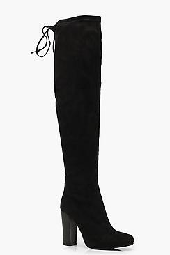 Boohoo Tie Back Block Heel Over The Knee Boots