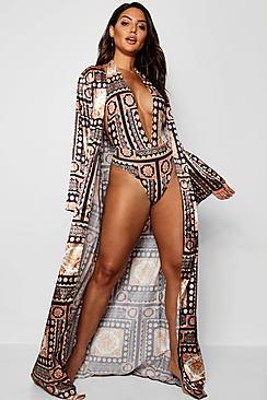 Boohoo Chain Print Kimono And Swimsuit Set