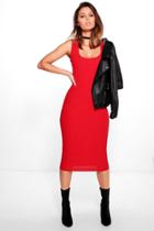 Boohoo Jo Ribbed Square Neck Midi Bodycon Dress Red