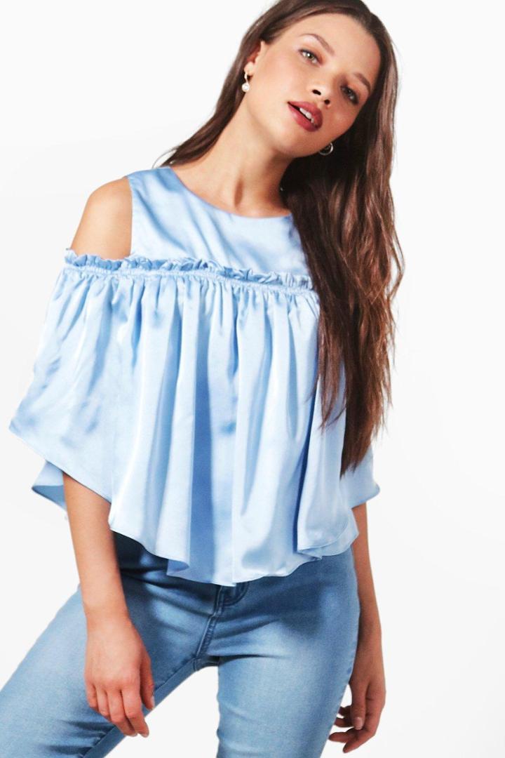 Boohoo Selina Cold Shoulder Satin Top Bluebell