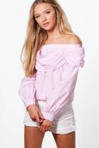 Boohoo Harley Woven Stripe Off The Shoulder Top Pink