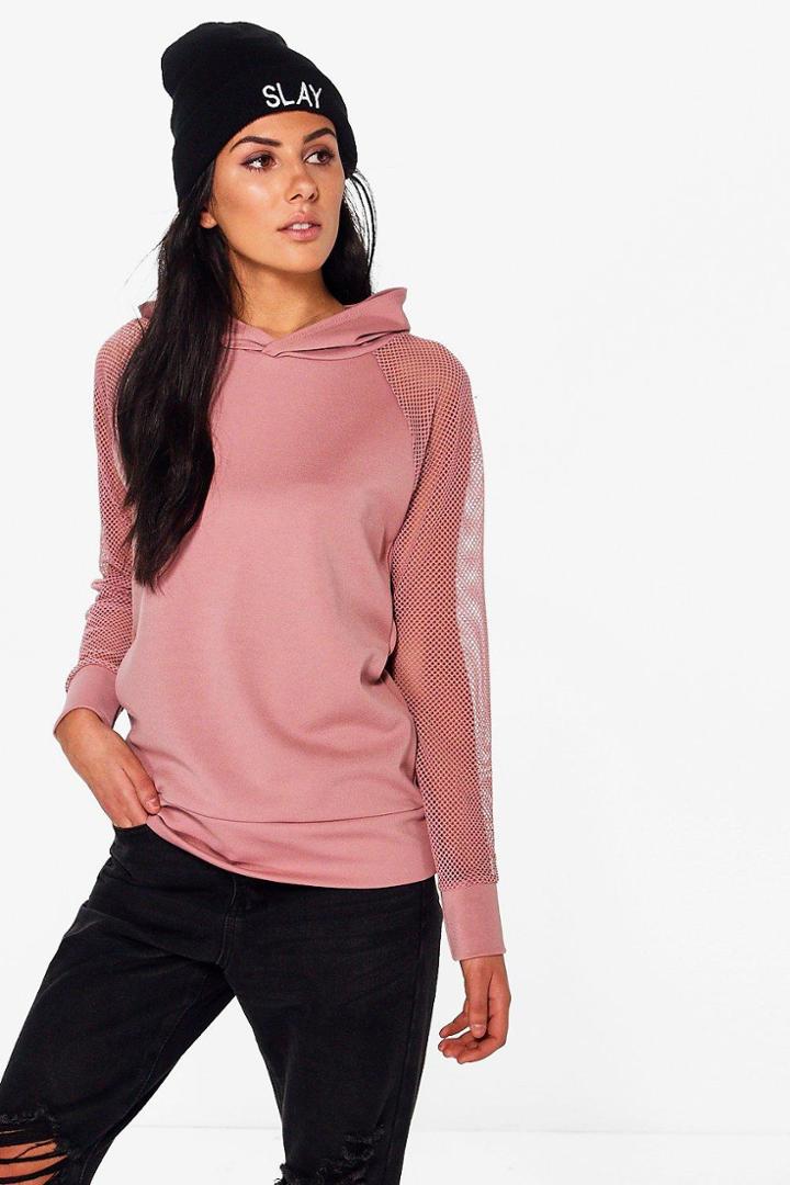 Boohoo Ella Mesh Sleeve Overhead Hoody Rose