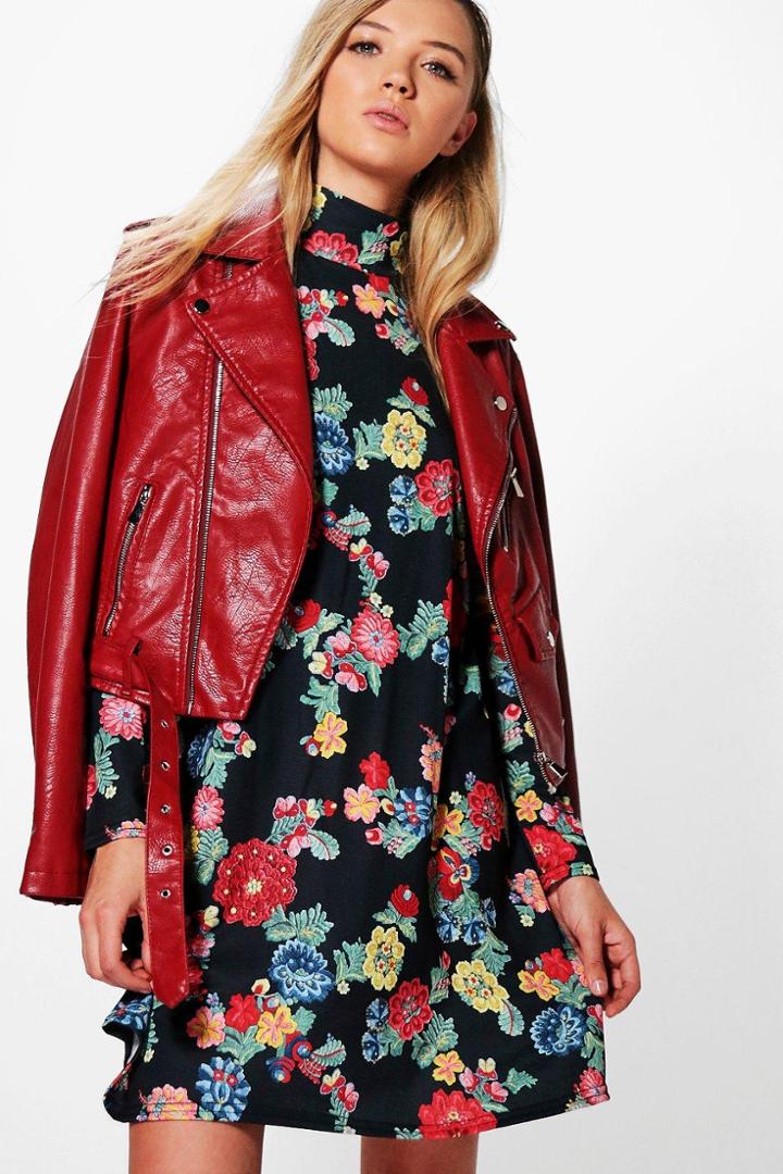 Boohoo Elisha Printed High Neck Swing Dress Multi