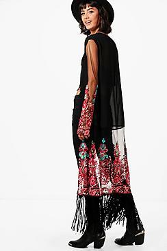 Boohoo Lydia Embroidered Tassel Kimono