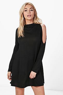 Boohoo Zoe Cold Shoulder Funnel Neck Knitted Dress