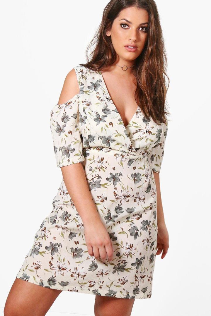 Boohoo Plus Yvonne Open Shoulder Woven Wrap Dress Cream