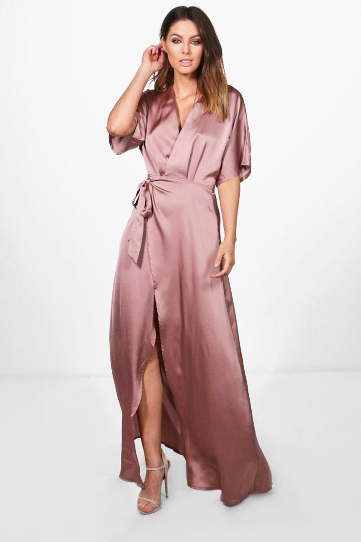 Boohoo Boutique Melodie Satin Kimono Maxi Dress Rose