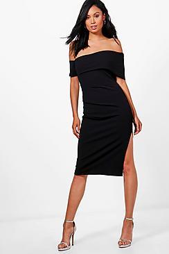 Boohoo Cat Off Shoulder Ruched Midi Dress