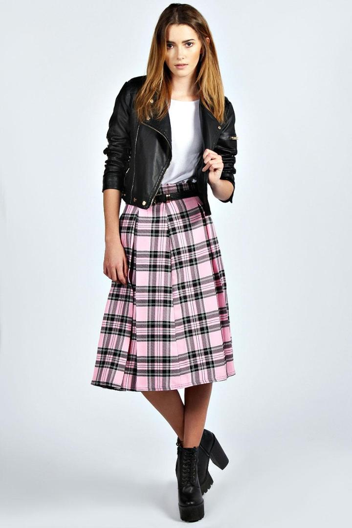 Boohoo Miriam Pastel Check Box Pleat Midi Skirt - Pink