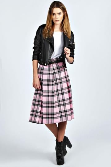 Boohoo Miriam Pastel Check Box Pleat Midi Skirt - Pink