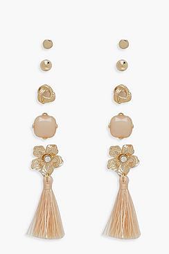 Boohoo Stud & Flower Tassel Earring Pack