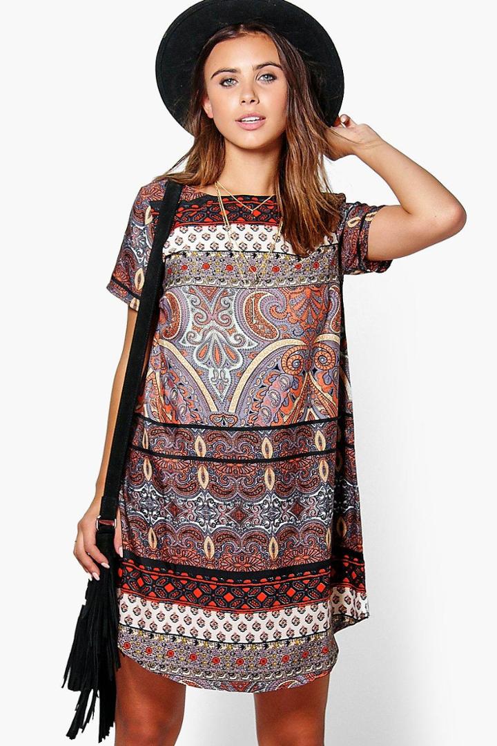 Boohoo Petite Chrissy Printed Curve Hem Shift Dress Multi