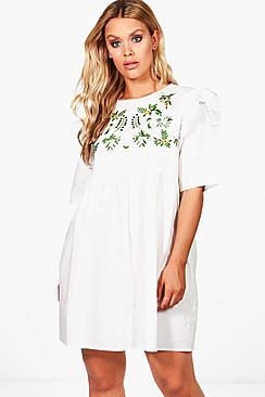 Boohoo Plus Martha Embroidered Smock Ruffle Dress