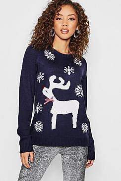 Boohoo Christmas Jacquard Jumper With Woven Bow