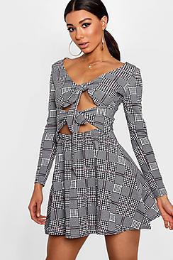 Boohoo Morgan Double Knot Check Skater Dress