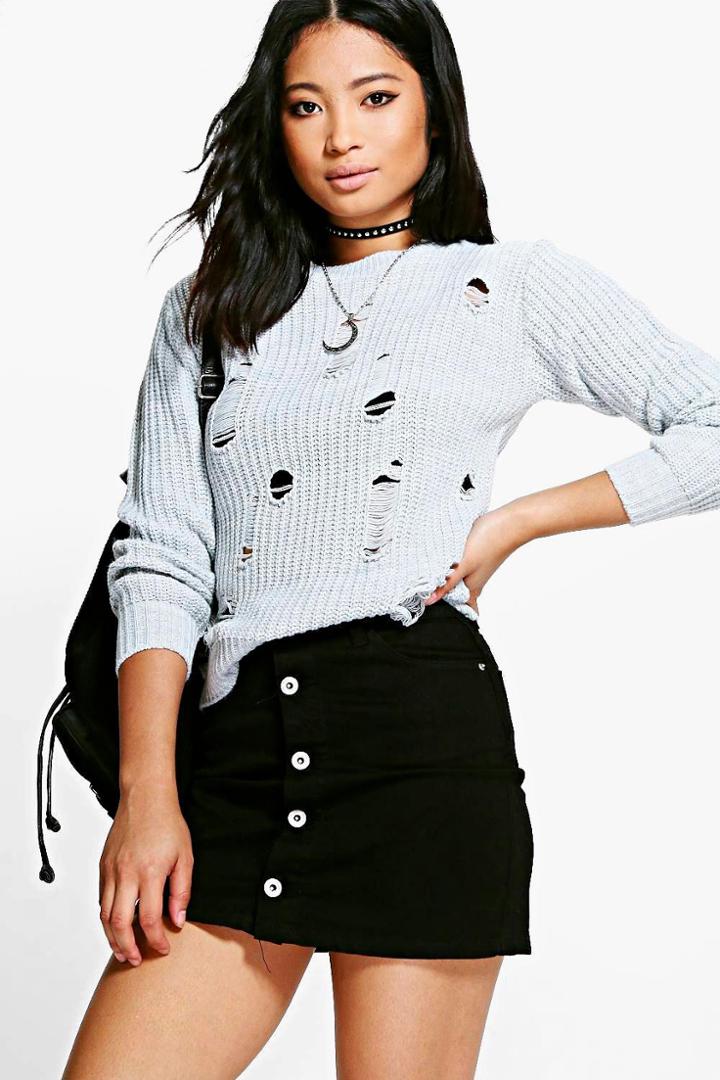 Boohoo Petite Emma Distressed Knitted Jumper Silver