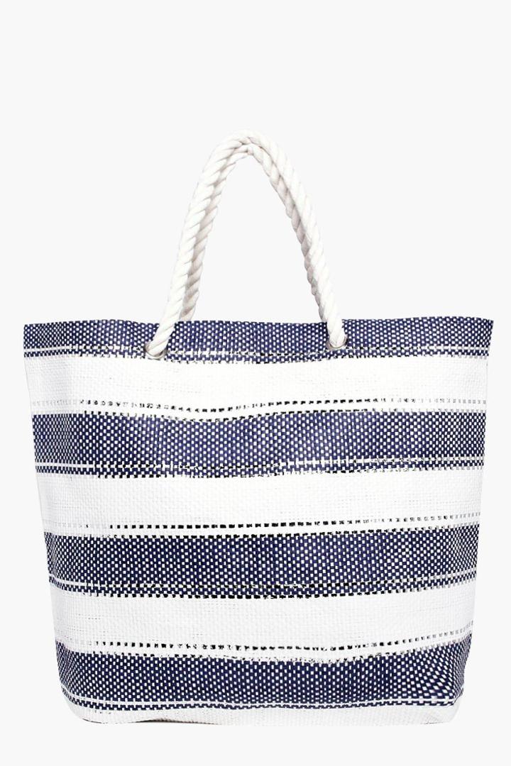 Boohoo Isabella Lurex Striped Beach Bag Blue