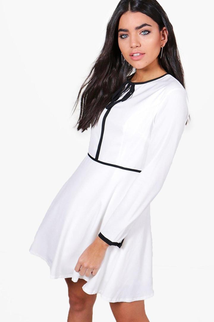 Boohoo Roxy Contrast Tipping Tie Skater Dress Ivory