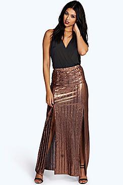 Boohoo Erin Metallic Textured Split Front Maxi Skirt