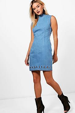 Boohoo High Neck Eyelet Denim Bodycon Dress