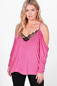 Boohoo Plus Dani Lace Trim V Neck Cold Shoulder Top