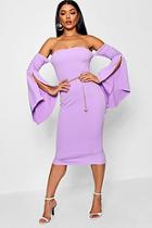 Boohoo Ruched Sleeve Bardot Midi Dress
