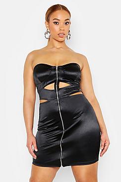 Boohoo Plus Satin Bandeau Zip Mini Dress
