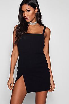 Boohoo Ally Square Neck Thigh Split Bodycon Dress