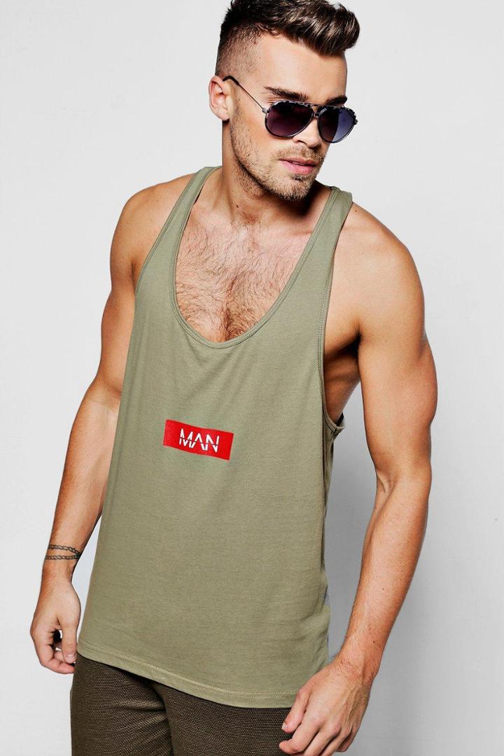 Boohoo Extreme Racer Tank Top With Man Print Khaki