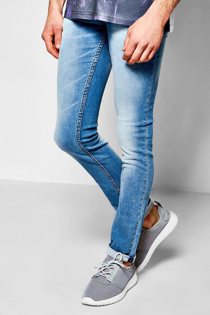 Boohoo Slim Fit Mid Blue Jeans With Sandblasting Blue