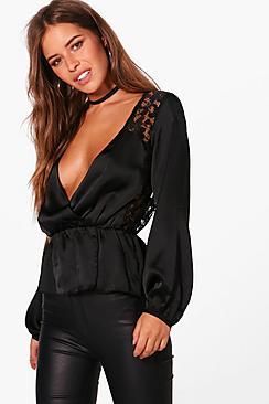 Boohoo Petite Fran Drape Front Lace Panel Blouse