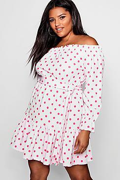 Boohoo Plus Off Shoulder Polka Dot Skater Dress