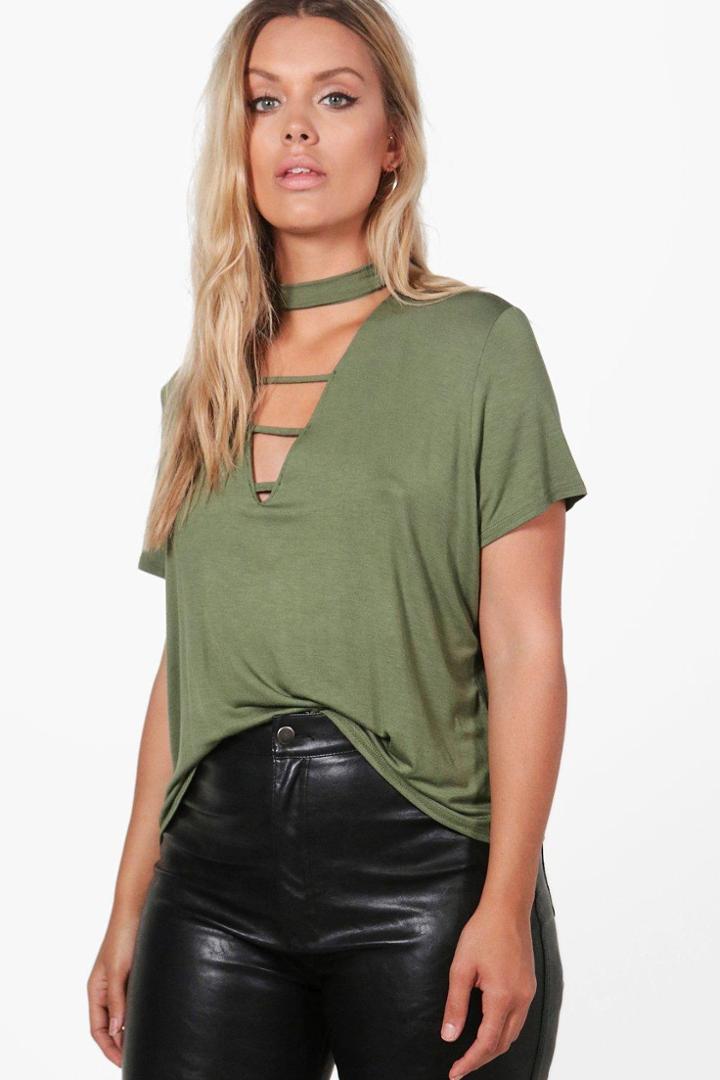 Boohoo Plus Lizzie Choker Detail Plunge Tee Khaki