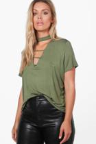 Boohoo Plus Lizzie Choker Detail Plunge Tee Khaki