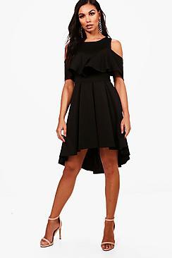 Boohoo Zandra Cold Shoulder Full Skater Dress