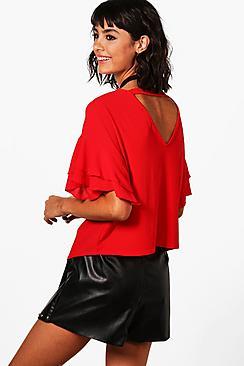 Boohoo Helena Woven Ruffle Sleeve Open Back Top