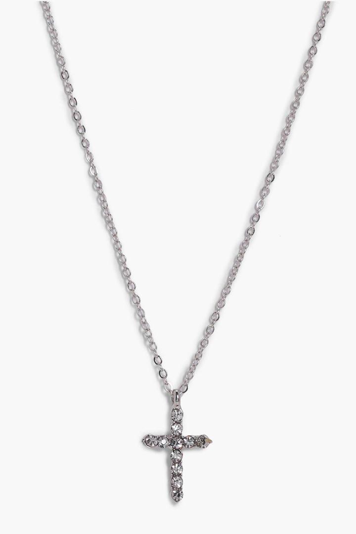 Boohoo Isla Diamante Cross Detail Skinny Necklace Silver