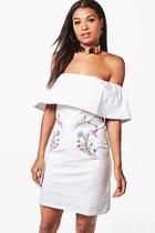 Boohoo Jess Embroidered Denim Bardot Frill Dress
