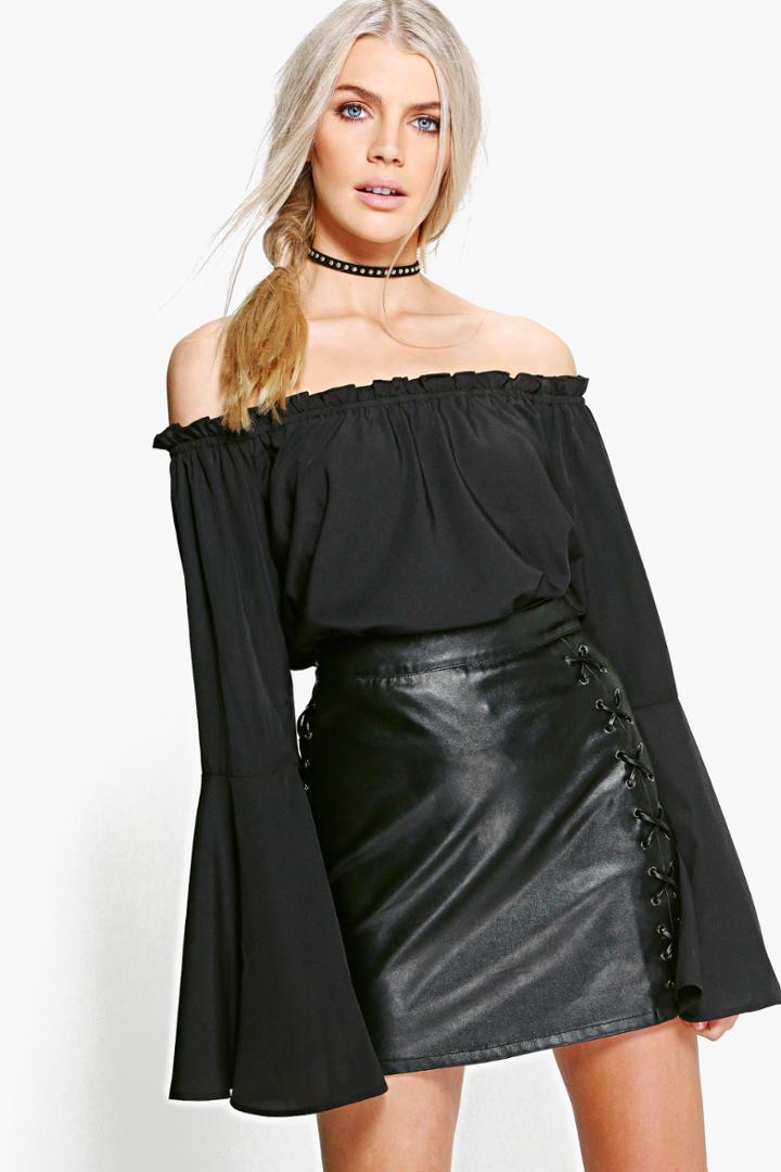 Boohoo Mia Woven Frill Cuff Off The Shoulder Top Black