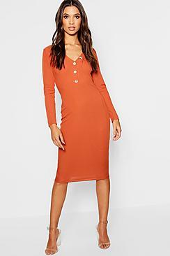 Boohoo Horn Button Long Sleeve Ribbed Midi Dress