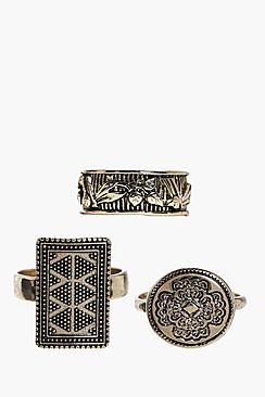 Boohoo Gabriella Engraved Chunky Gold Ring 3 Pack