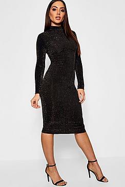 Boohoo Long Sleeve Turtle Neck Glitter Midi Dress