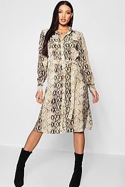 Boohoo Snake Print Pocket Front Midi Shirt Dress
