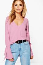 Boohoo Florence Tie Sleeve Rib Knit Jumper Lilas