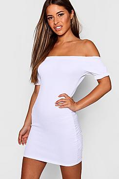 Boohoo Petite Shirred Bardot Frill Mini Dress