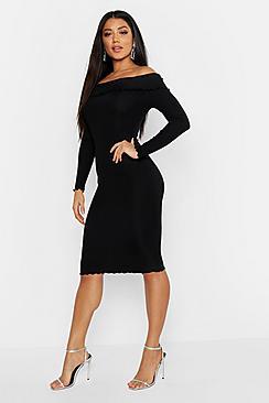 Boohoo Rib Lettuce Hem Off Shoulder Midi Dress