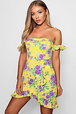Boohoo Annora Spring Floral Bardot Wrap Mini Dress