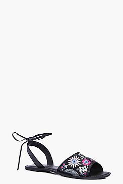 Boohoo Grace Embroidered Ankle Wrap Strap Flat