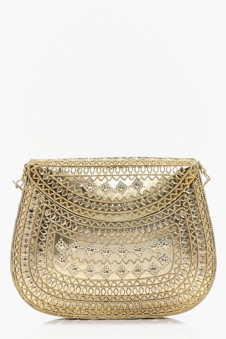 Boohoo Sofia Metal Engraved Box Clutch Bag Gold